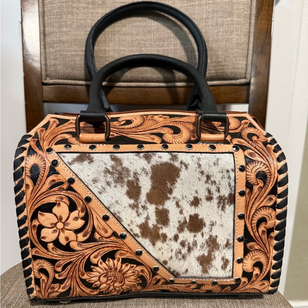 Women's Tooled Leather Cowhide Satchel - Brown/Black Speedy Style